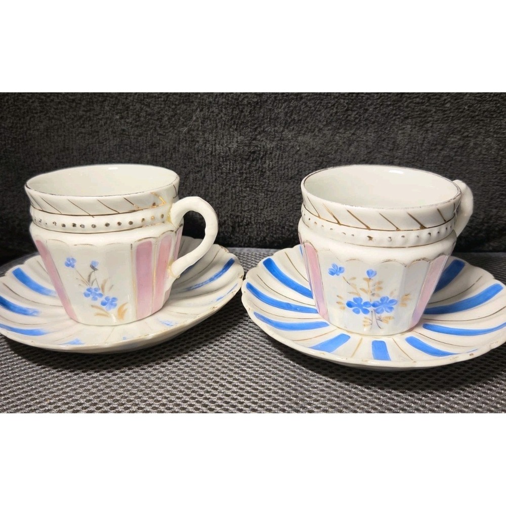 Antique Tea Cup & Saucer Set Hand-painted Germany Blue Pink Forget Me Not Flower